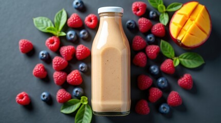 Refreshing mango berry smoothie in a glass bottle surrounded by fresh fruit