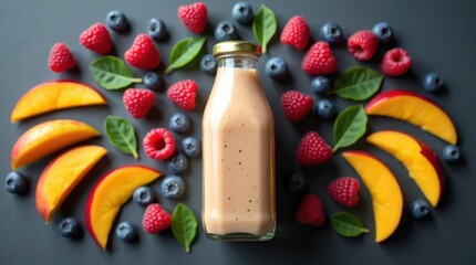 Refreshing mango berry smoothie in a glass bottle surrounded by fresh fruit