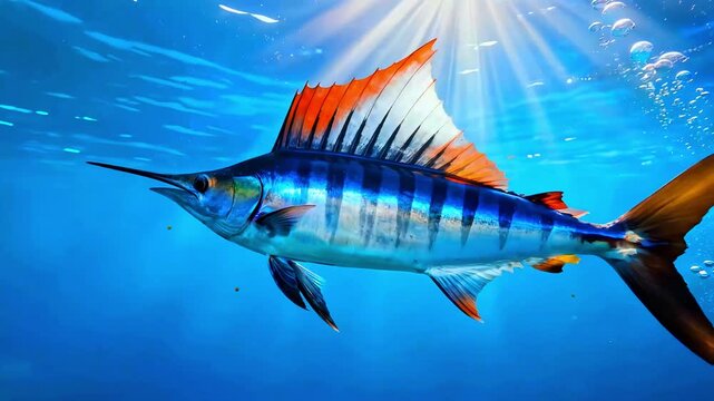 Sailfish swimming deep blue ocean water sun rays light majestic billfish tropical marine life underwater predator speed gamefish vibrant colors dorsal fin aquatic wildlife oceanography deep sea explor