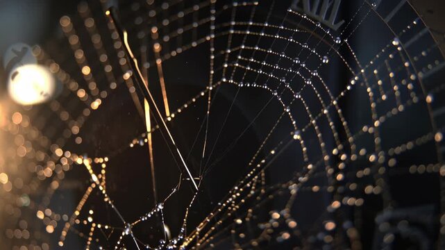 Old rustic handheld clock with cobwebs concept. A detailed close-up of a spider web catching light, creating a mystical appearance.