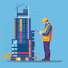 Engineer Reviewing Blueprint with City Background