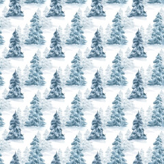 Seamless watercolor pattern of snow covered fir trees isolated on white. Winter forest landscape with minimalist style for holiday design, fabric, wallpaper, scrapbook. Winter background hand drawn.