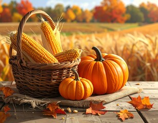 Harvest still life with basket of corn, pumpkins, and fall leaves