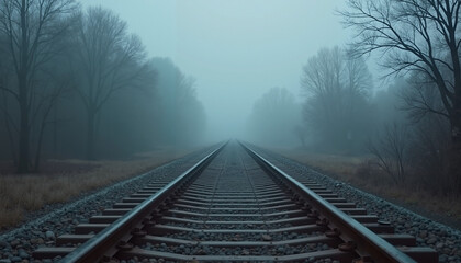 Fototapeta premium Foggy railway track leading into distance for Holocaust Remembrance Day 