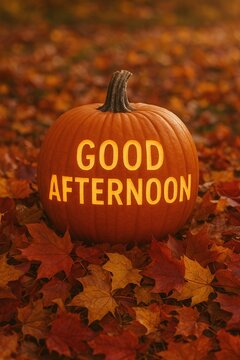 good afternoon pumpkin and autumn leaves
