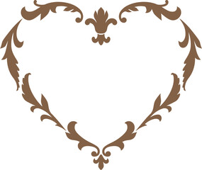 Brown vintage ornate heart frame, vector fancy romantic decorative element, Valentine's Day ornament border, floral art