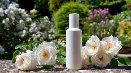 White bottle with flowers in a garden setting for cosmetic product