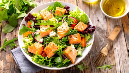 Healthy salad featuring salmon cubes and vibrant greens