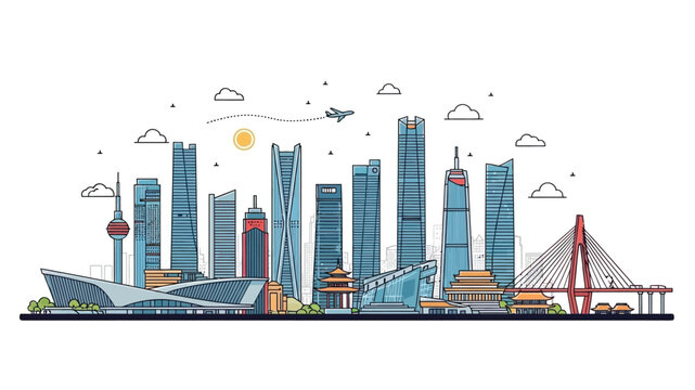 Modern Cityscape Skyline Illustration with Tall Skyscrapers and Iconic Bridges