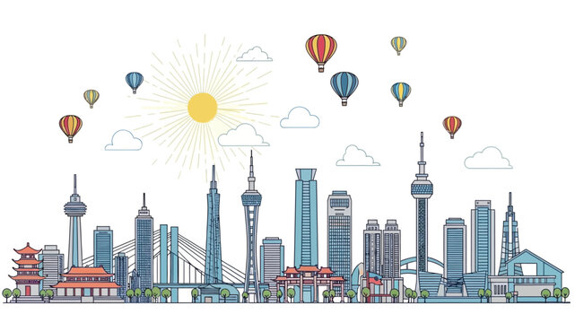 Modern city skyline with hot air balloons against a bright sun and clouds, depicting urban development and travel