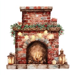 Fototapeta premium Cozy festive brick fireplace illustration.