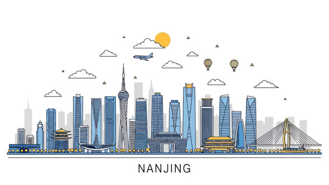 Urban Skyline Illustration, Nanjing Cityscape, Digital Art, Modern Architecture, Vibrant Atmosphere, Aerial View, City Life Concept