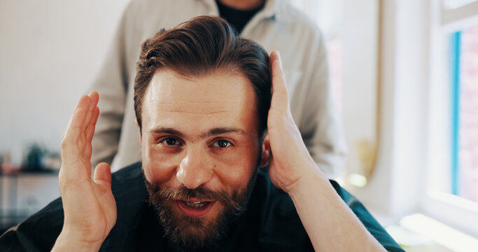 Happy man, hairdresser or portrait with haircut for grooming, style or satisfaction in barbershop. Male person, client or customer with barber or smile for hairstyle, cut or new look in beauty parlor - Powered by Adobe