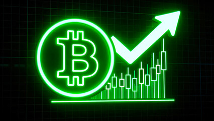 Bitcoin growth chart neon green cryptocurrency success rising arrow digital finance market trend investment technology blockchain data analysis profit surge