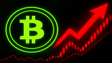 Bitcoin price surge graphic neon green symbol overlaying a red candlestick chart with a strong upward trending arrow indicating cryptocurrency market growth and financial success