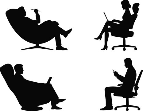 office silhouettes of four seated workers using laptop tablet phone