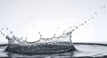 Dynamic splash of water forming a crown shape with droplets scattering against a light, bright background