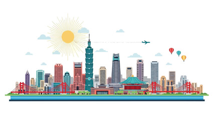 Fototapeta premium Dynamic Cityscape Illustration, Taipei Skyline, Urban Environment, Graphic Art, Daytime Viewpoint, Modern Concept
