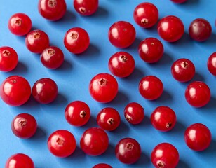 Close-up of ripe, red berries scattered on a vibrant blue background