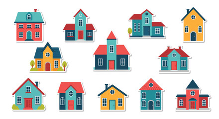 Fototapeta premium Colorful collection of cartoon houses with diverse designs and vibrant roofs, rendered in a flat vector sticker style on a white background.