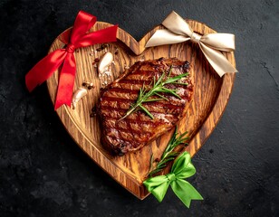 Heart-shaped wooden platter with grilled steak, rosemary, and ribbons
