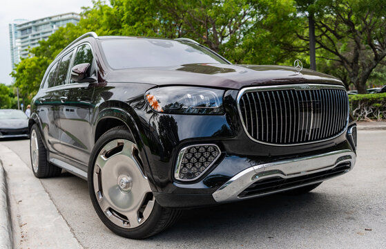 Miami, Florida, USA - July 13, 2025: Luxury SUV Mercedes Benz Maybach GLS. Car Mercedes Benz Maybach GLS parked outdoor. Black car, corner view. Mercedes Benz Maybach GLS luxury SUV car