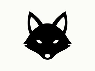Minimalist black silhouette of a fox or wolf head with sharp features and white eyes, isolated on a clean white background.