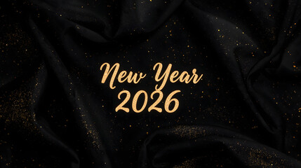 New Year 2026 image with dark luxurious fabric and gold glitter, flowing golden cursive text, conveying elegance and premium celebration.

