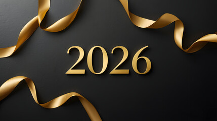 New Year 2026 image with matte black background and twisted gold ribbons, elegant corporate festive greeting design.
