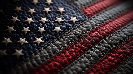 Fototapeta premium United States flag embossed onto textured leather surface, studio-lit for high contrast. Sharp shadows reveal deep grain while