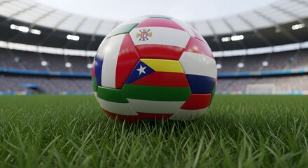 Soccer ball featuring multiple national flags resting on green grass inside a large stadium