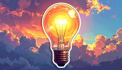 Animated lightbulb shining brightly against a dramatic sunset sky