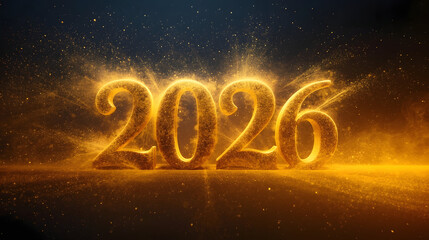 New Year 2026 image with bold golden text and sparks, celebrating prosperity, energy, and festive excitement vibrantly.
