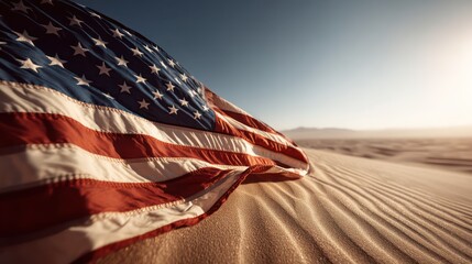 United States flag unfurled in pristine desert environment, fabric sharply under golden sunlight. Sand ripples form clean complementary