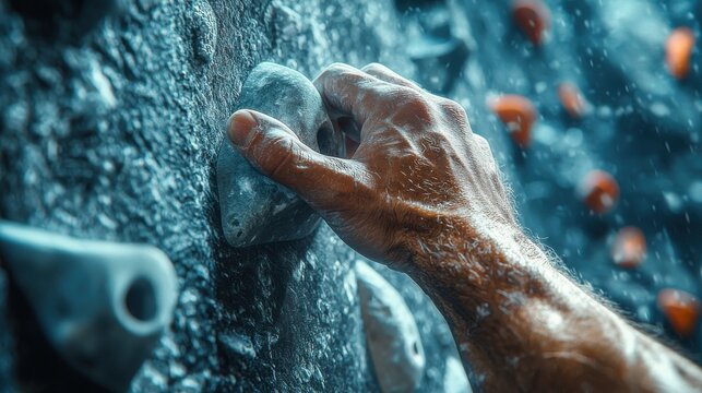 climbing training session concept. Close-up of a hand gripping a climbing hold on a rock wall.