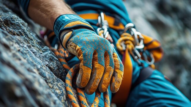 climbing training session concept. Climber's hand gripping rope on rock face, showcasing gear and safety. - Powered by Adobe