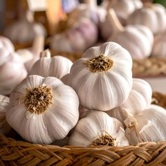 Close-up of several white bulbs stacked in a woven basket