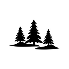 Three minimalist black silhouette pine trees stand majestically against a pure white background