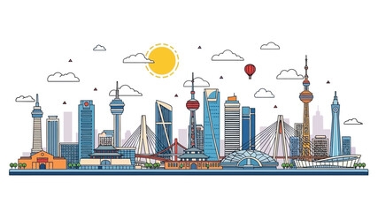 Fototapeta premium Cityscape Illustration, Shanghai Skyline, Urban, Digital Art, Sunny Day, Aerial View, Modern Architecture