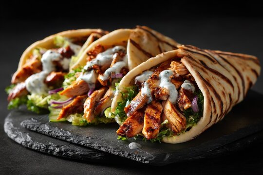 Savory chicken shawarma pitas served on a slate surface with fresh toppings and creamy sauce
