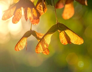 Close-up of sunlight filtering through autumnal seed pods on branches