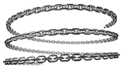 Shiny metallic chain forming an elegant spiral pattern against a stark black background