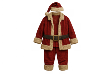 Santa claus costume preparing for christmas holiday celebrations with red suit, hat, and black belt on transparent background