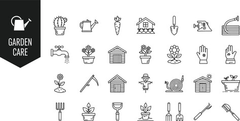 Garden care icons including watering can, plants, tools, shed, and scarecrow vector