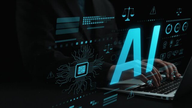 AI circuit microchip with glowing blue lines, surrounded by legal scales, warning symbols, data sheets, and binary codes, representing ethical AI, AI governance, and data integrity Marrow