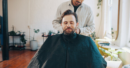 Happy man, hairdresser or preparation with haircut for grooming, beauty or style in barbershop....