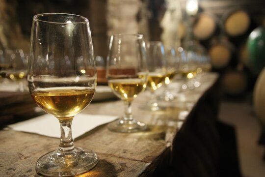 Enjoying a tasting variety of spanish rioja white wines at a traditional winery