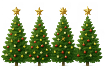 Christmas trees set on transparent background featuring golden stars and festive baubles for holiday decoration