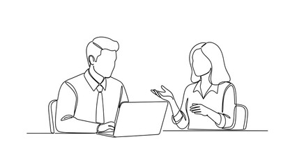 Continuous line art illustration showing a business meeting between a man and a woman