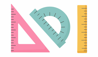 Geometric measuring tools. Triangular ruler, protractor, and straight ruler. Essential instruments for math, geometry, and technical drawing. Ideal for students, teachers, and educational materials.